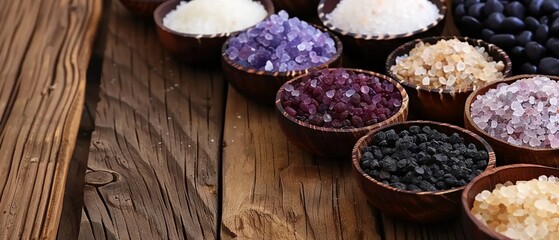 A tranquil setting featuring sea salt varieties in natural shell containers, accompanied by smooth, dark spa stones, all set on a polished wood backdrop rich in texture - obrazy, fototapety, plakaty