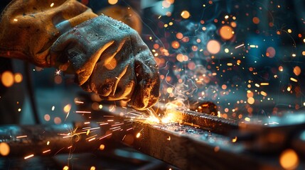 A workers hand wearing protective gloves is featured in a closeup shot of welding, with sparks and smoke underscoring WHS or labor safety concept in a factory workshop 8K , high-resolution, ultra HD,u - obrazy, fototapety, plakaty