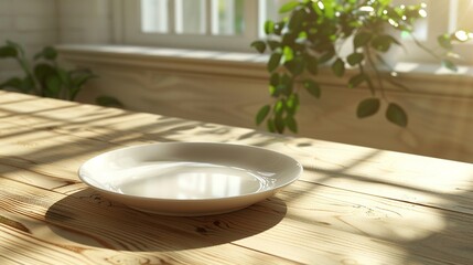 In the soft natural light, a glossy white plate on a light pine table appears elegant and inviting, with gentle shadows adding depth to the scene 8K , high-resolution, ultra HD,up32K HD - obrazy, fototapety, plakaty