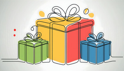 Colorful giftbox with continuous one line style on digital art concept.