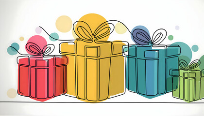 Colorful giftbox with continuous one line style on digital art concept.