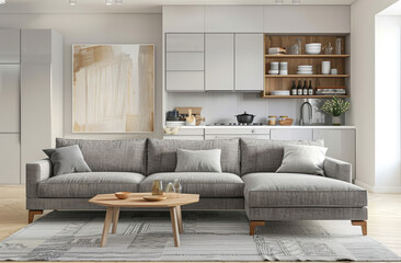 living room with grey sofa and wooden coffee table near open kitchen against white walls, beige cabinet shelf and light gray floor in modern home interior design
