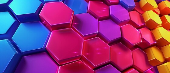 The futuristic pattern created by the vibrant hexagon tiles in the 3D clay render is both intricate and bold, making a strong visual statement - obrazy, fototapety, plakaty