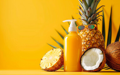 A pineapple and coconut wearing sunglasses and sunblock, standing against a bright, solid colored background