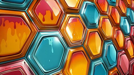 The vibrant colors of the hexagon tiles in the 3D clay render create a sense of depth and movement in the pattern - obrazy, fototapety, plakaty