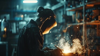 In a dimly lit garage, a welders mask glows brightly, highlighting the intricate patterns of light and shadow created by the welding process 8K , high-resolution, ultra HD,up32K HD - obrazy, fototapety, plakaty