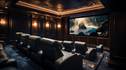 A home theater with plush recliners and a projector screen.