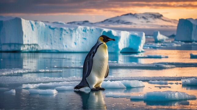 Lonely penguin standing on melting ice at sunset. Emperor penguin in Antarctica. Climate change and global warming issues
