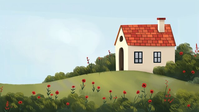 A charming illustration of a small house nestled on a lush green hillside.