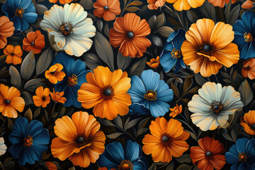A large pile of flowers in the colors red, orange and blue. The petals have different shapes. Created with AI