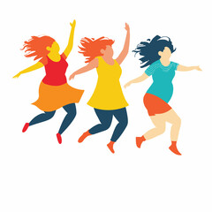 Three women jumping joyfully, expressing happiness freedom. Diverse female friends enjoying. Casual outfits, vibrant colors, lively movement, no background