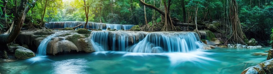 Enchanted Oasis: Exploring the Serenity of a Panoramic Deep Forest Waterfall