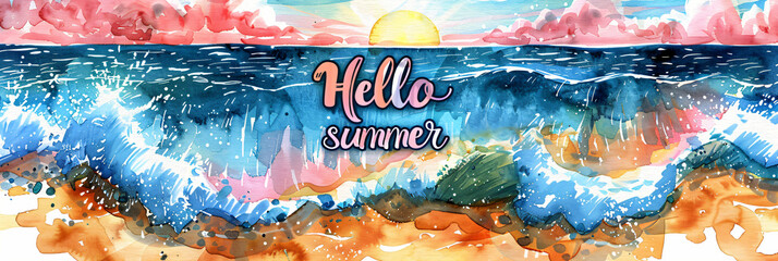Hello summer watercolor illustration with beach and ocean. Artistic seaside sunset with text overlay. Summer vacation and travel concept. Design for greeting card, postcard, poster, invitation.