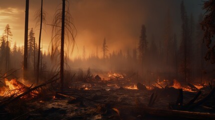 A fire engulfs the forest and dry grass, leaving a black layer of burning and ash on the ground