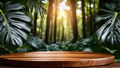 wooden podium nestled within a lush tropical forest, serving as an ideal setting for product presentation against a backdrop of vibrant green foliage texture mock up background - obrazy, fototapety, plakaty
