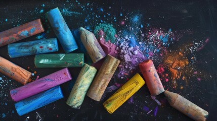 colorful chalks on black background