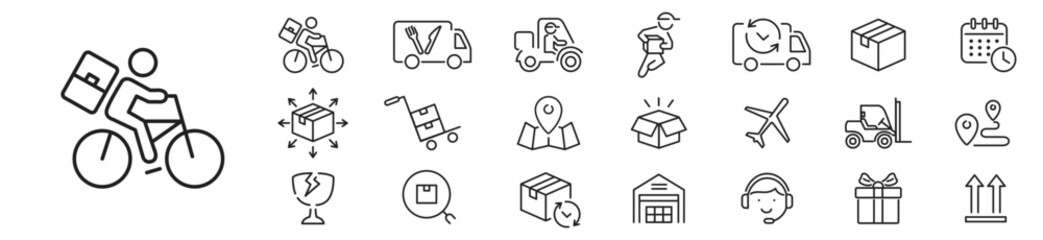 Delivery icon set. tracking, Delivery service, Shipping, scooter, truck, warehouse, courier, cargo, icons. Editable stroke icons vector collection illustration.