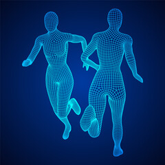 Running woman. Sprinter silhouette. Wireframe low poly mesh vector illustration