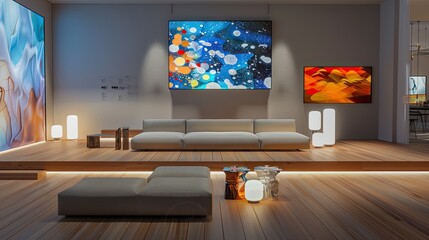 A minimalist living room with a smart wall that displays interactive art, a central low-profile couch, and a set of artistic table lamps