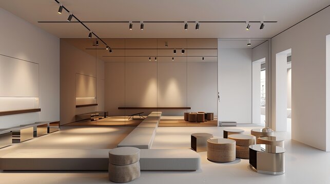 A minimalist living room with a ceiling track lighting system, a wall of frameless mirrors, and a set of nesting tables