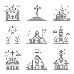 Religious Line Art Posters: Christianity Theme. Includes Cross, Church, and Bible Illustrations