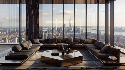 A modern living room featuring wall-to-ceiling glass windows overlooking a cityscape, furnished with low-profile charcoal sofas and a geometric coffee table