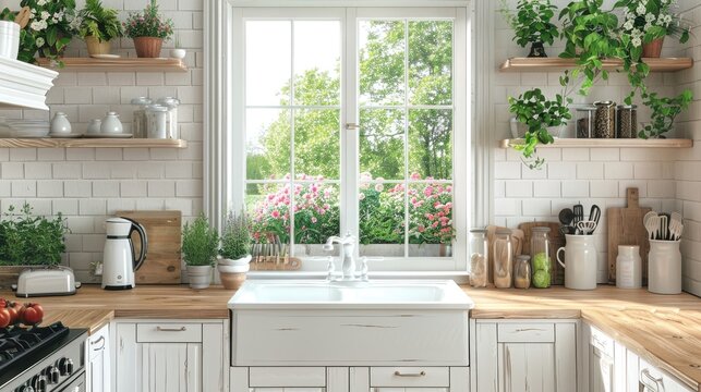 A kitchen with a white sink and a window with a view of a garden