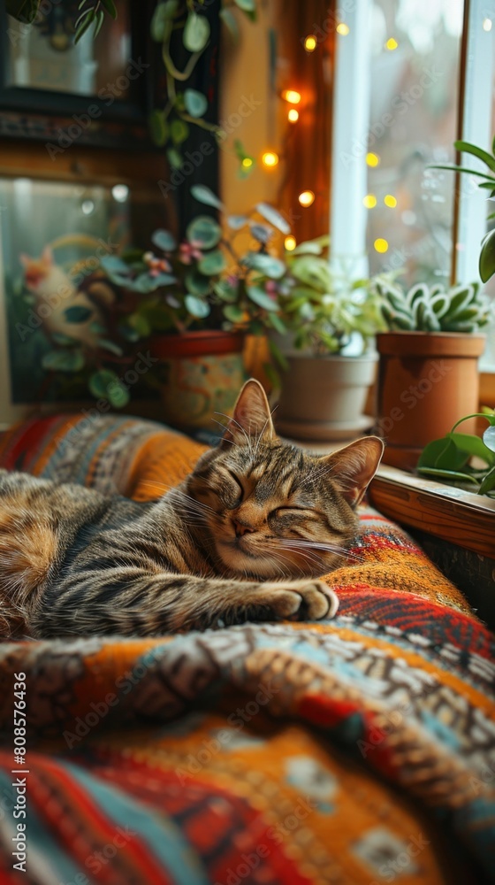 Sticker AI generated illustration of a tabby cat napping on a blanket by a window