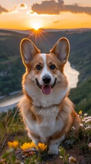AI generated illustration of a corgi sitting on a green hill in flowers at sunset - obrazy, fototapety, plakaty