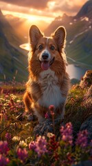 AI generated illustration of a corgi sitting on a green hill in flowers at sunset - obrazy, fototapety, plakaty