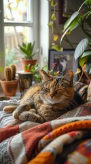 AI generated illustration of a tabby cat napping on a blanket by a window - obrazy, fototapety, plakaty