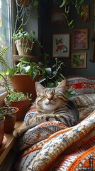 AI generated illustration of a tabby cat napping on a blanket by a window - obrazy, fototapety, plakaty