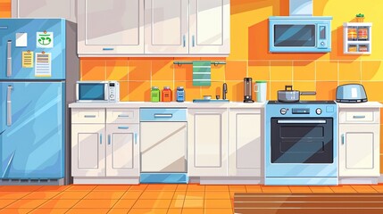 A cartoonish kitchen with a blue refrigerator, microwave, and oven