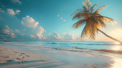 On a tropical beach, a palm tree stands out against a blue sky and white clouds. Business travel and summer vacation concept. Generative AI.