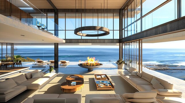 A modern living room with a spectacular ocean view, featuring floor-to-ceiling windows, a suspended circular fireplace, and contemporary furniture in soothing earth tones