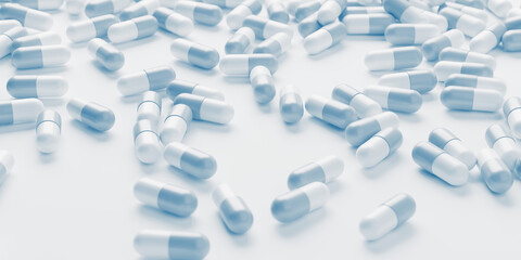 White blue pills close up. Development medicine and pharmacology