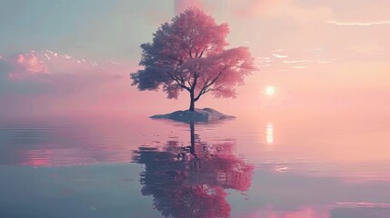 Minimalist background, pink sky and water, an island with one small tree on it. Generative AI.