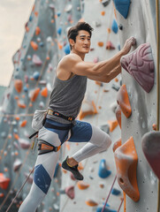 asian man indoor climbing on bouldering walls at the gym.