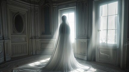 A beautiful white sheet ghost in different scenarios looking through various windows of a haunted house. Generative AI.