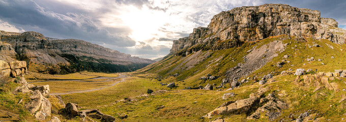 Panoramic of the Monte Perdido Valley in the area of ​​the Caballo waterfall, Ordesa, Huesca