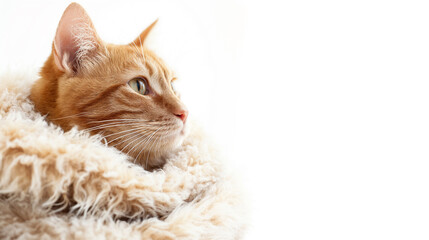 Cute ginger cat on white background, closeup. Space for text