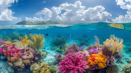 Underwater gardens of coral reefs and sea life background.