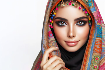 Arabic woman with pretty eyes wearing a colorful veil framing her face on white background