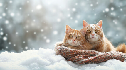 Two cats lying in the snow with a scarf. Winter background.