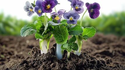 Pansies and Violets flowers grow in the soil. Generative AI.