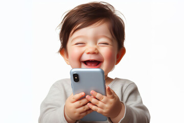 Fototapeta premium baby holding phone and laughing very much isolated on white background