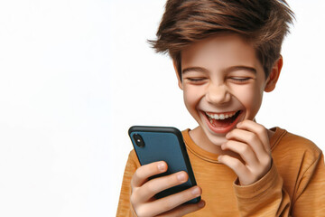 Boy holding phone and laughing very much isolated on white background