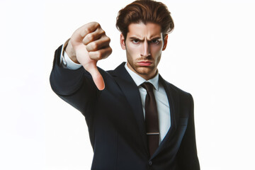 Businessman pointing thumbs down with an angry face isolated on white background