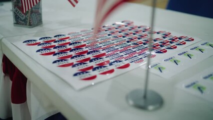 Elections in the United States of America. Close up of patriotic stickers with American flag logo and inscriptions lying on table. Presidential race and election coverage. Civic duty and patriotism.