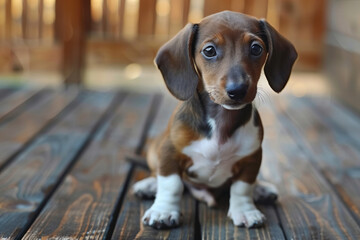 a small dog sitting on a wooden deck